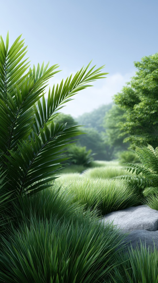 Dew Kissed Green Foliage and Misty Hills Landscape