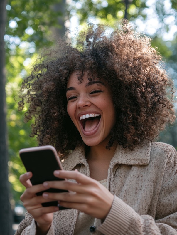 Joyful Smartphone User in Park