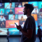 Man uses phone in front of digital wall. Multiple screens show various video content. Wall represents social media marketing visuals. Young man in casual wear looks at device. Stands near digital