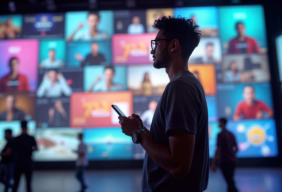 Man uses phone in front of digital wall. Multiple screens show various video content. Wall represents social media marketing visuals. Young man in casual wear looks at device. Stands near digital