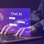 person typing on keyboard with a digital overlay saying chat ai