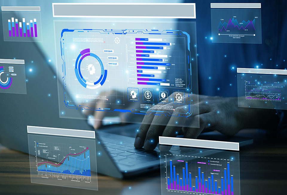 Data analysis concept. Businessman use AI technology for data analysis to track employee performance and refine internal processes for better productivity.