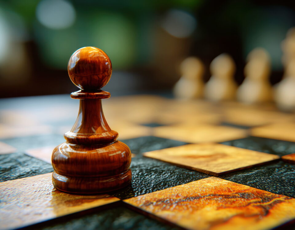 A solitary wooden pawn stands on a chess board with blurred pieces suggesting an ongoing game and strategic thinking