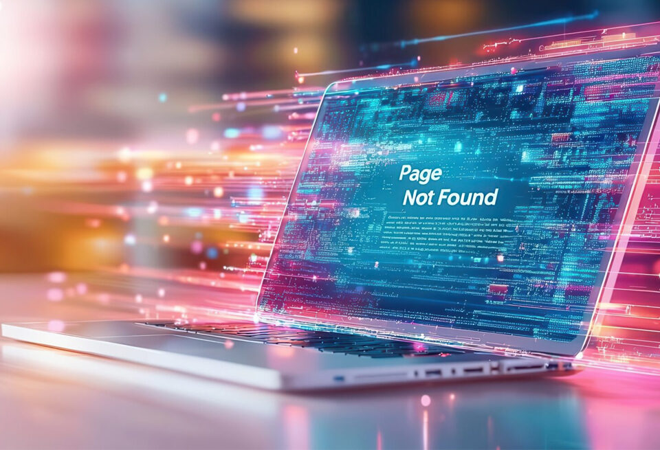 "Page Not Found" error with a broken computer screen illustration, emphasizing website technical difficulties