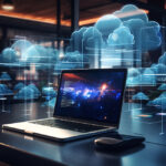Online, cloud storage, contact, computing, tablet, phone home devices with online. linking computer to cloud with server, connection. Devices connected to storage in the data center.